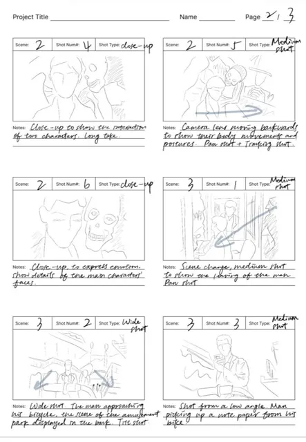 Hand-drawn film storyboard, page two
