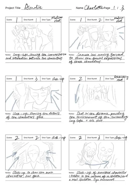 Hand-drawn Amelie storyboard, page one