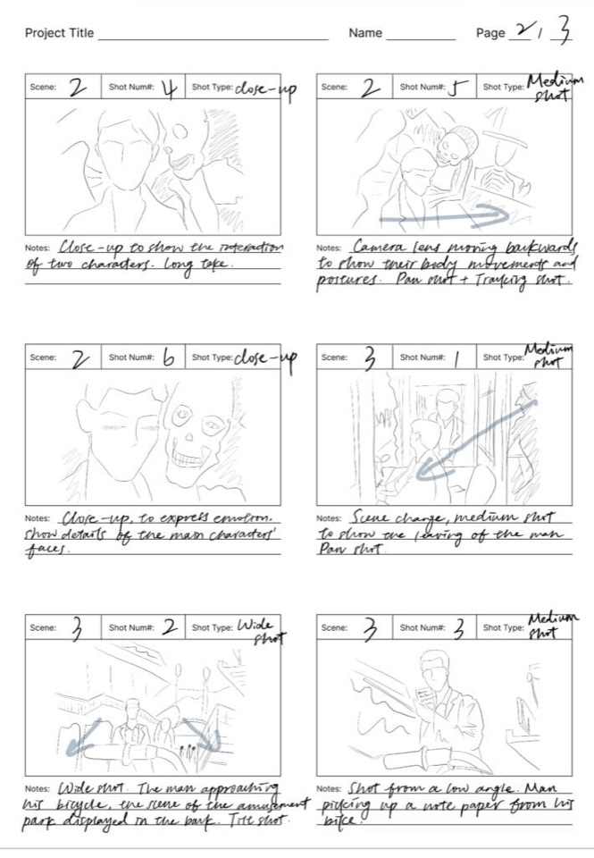 Hand-drawn film storyboard, page two