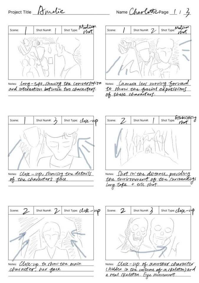 Hand-drawn Amelie storyboard, page one