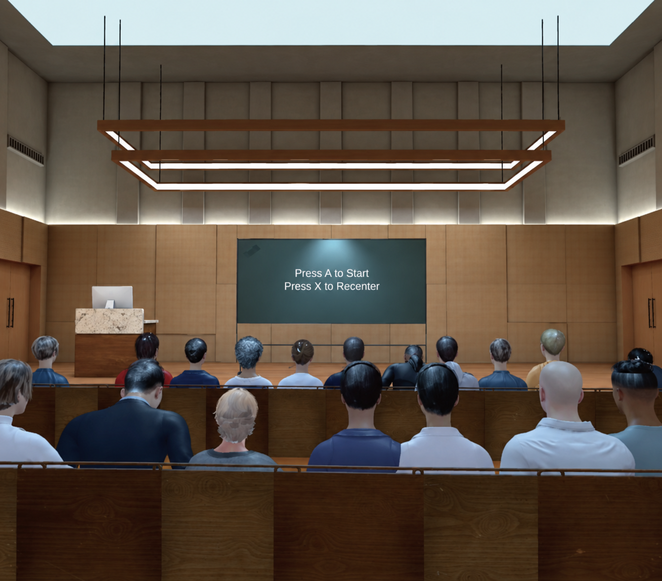 A virtual classroom with seated avatars, cool lighting, and a brightly lit task area at the front